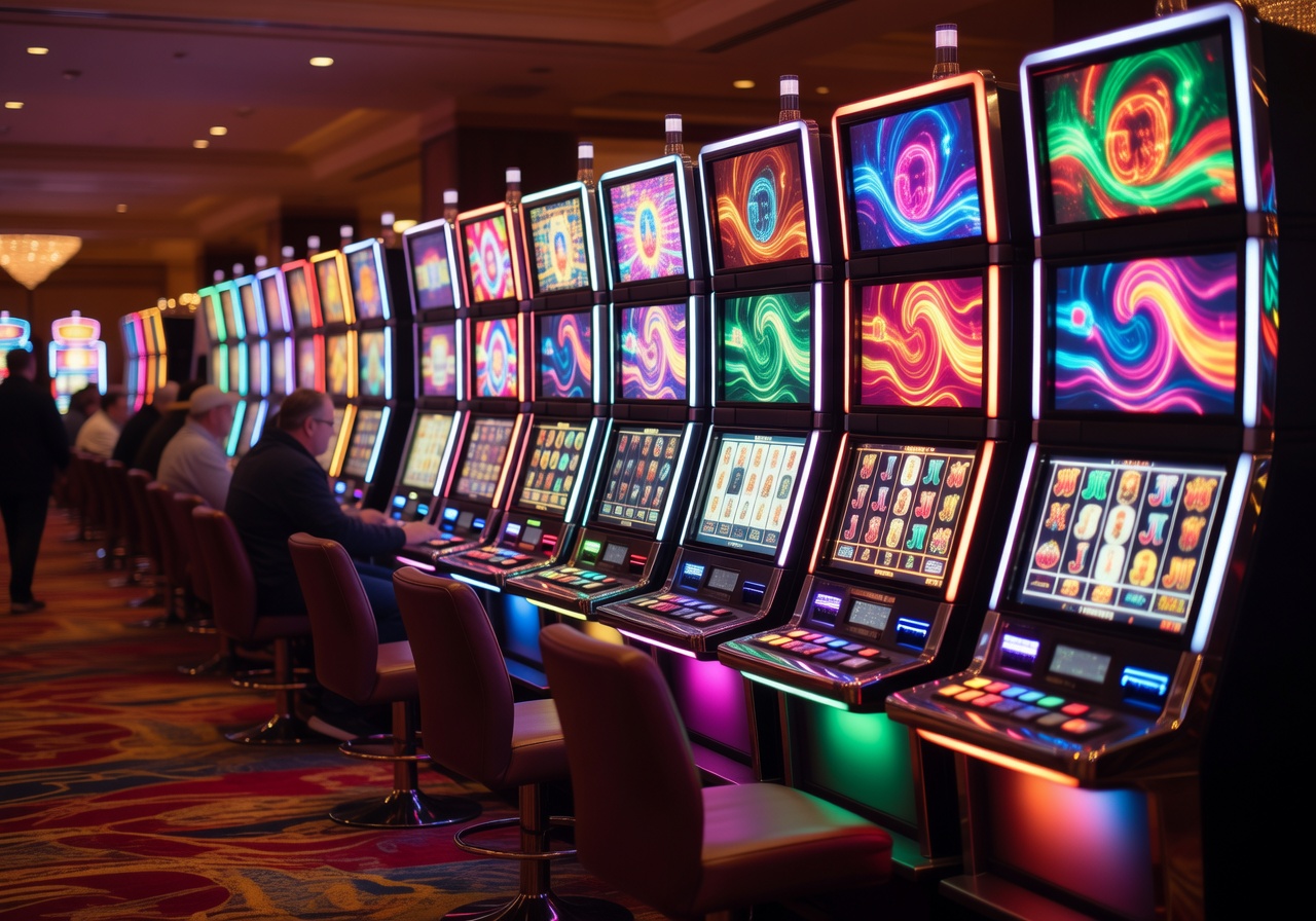 Casino slot machines bright illuminated row