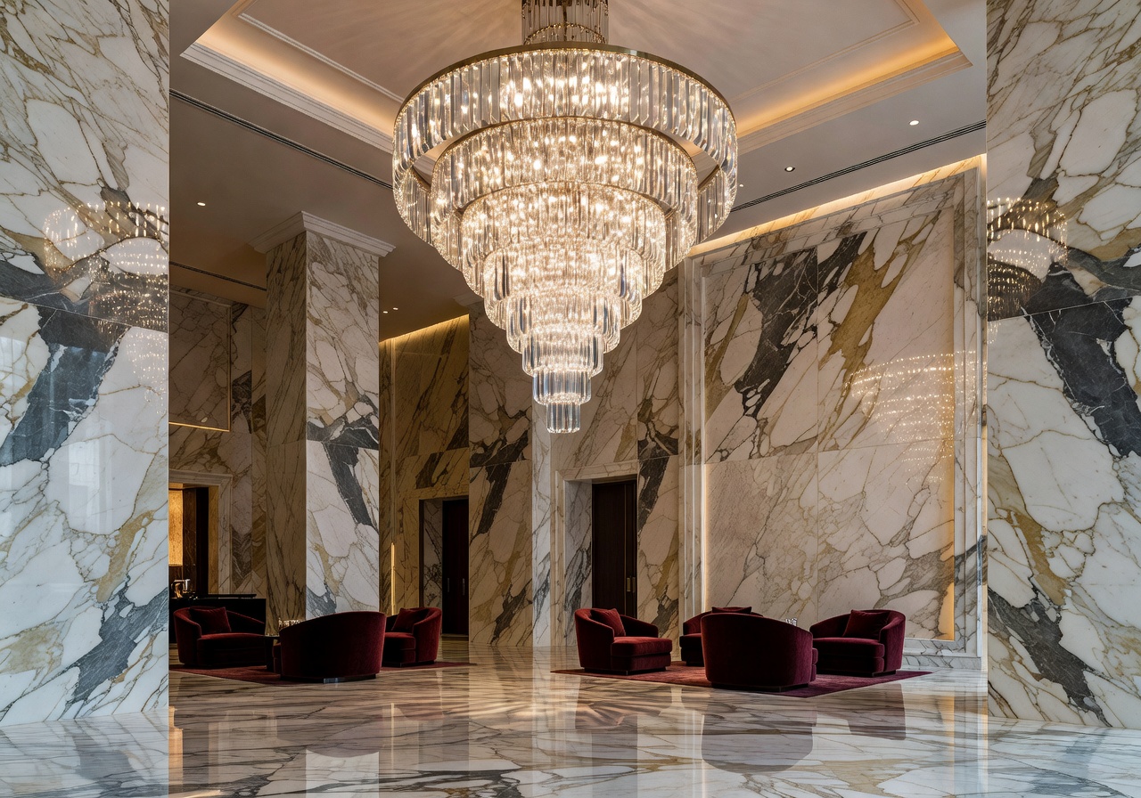 Luxury hotel lobby chandelier marble architecture