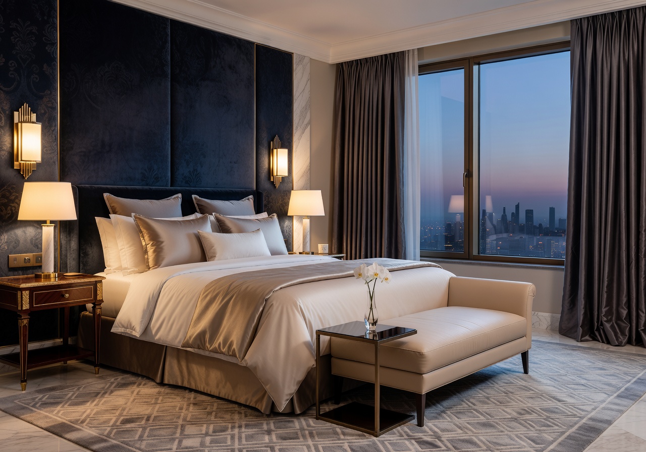 Luxury hotel suite bedroom with elegant decor