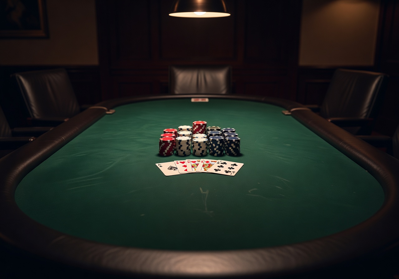 Poker table with cards and chips professional setup
