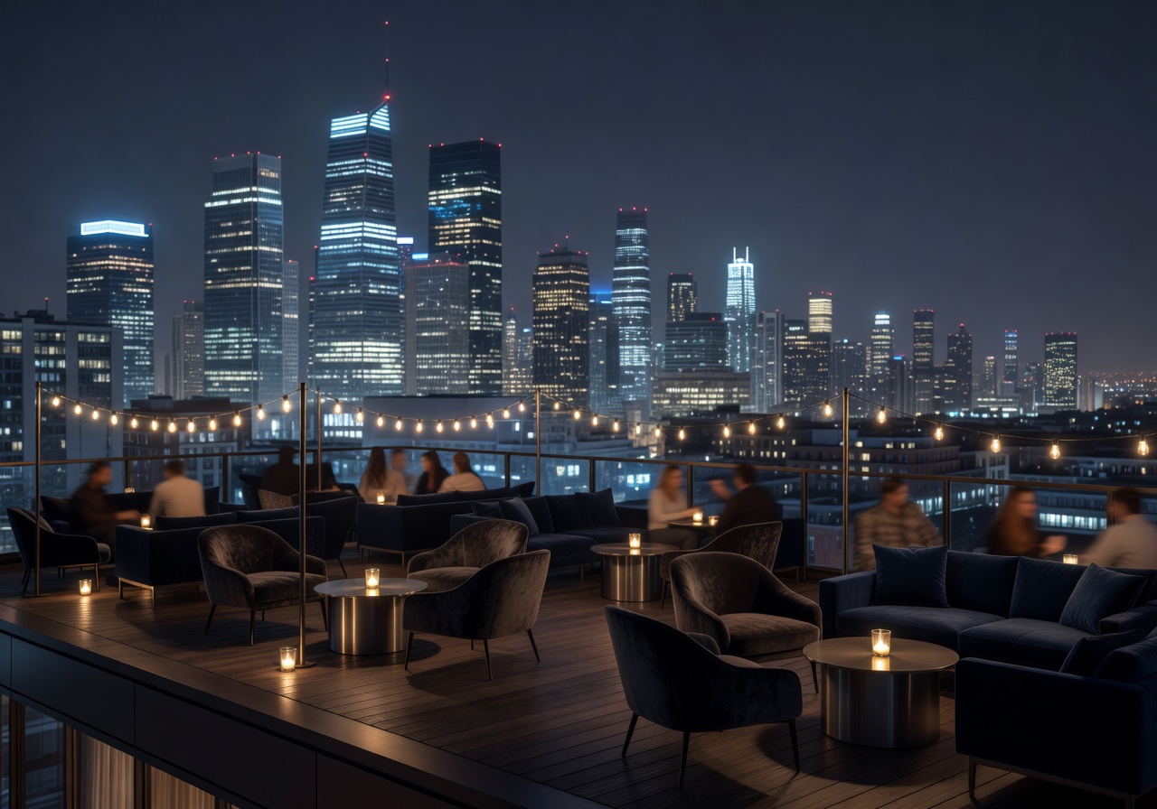 Rooftop bar at night with city skyline view
