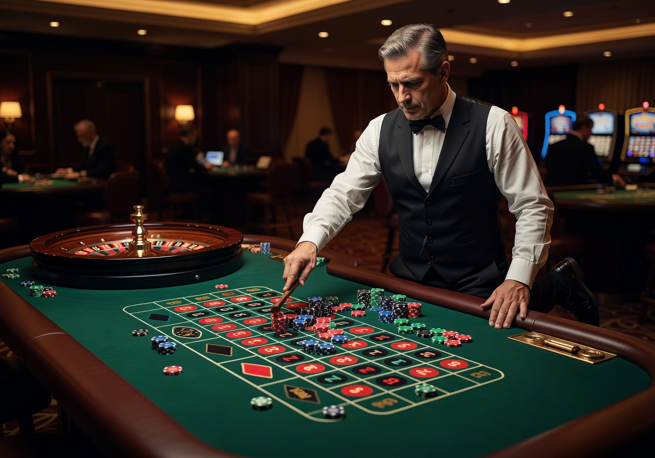 Roulette table with chips and croupier in casino